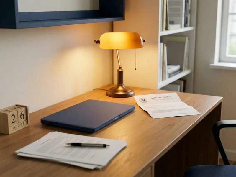 Freelancer aan opgeruimd houten bureau met ongetekend overheidsdocument, laptop en kalender van 2026 in warm amberkleurig lamplight.