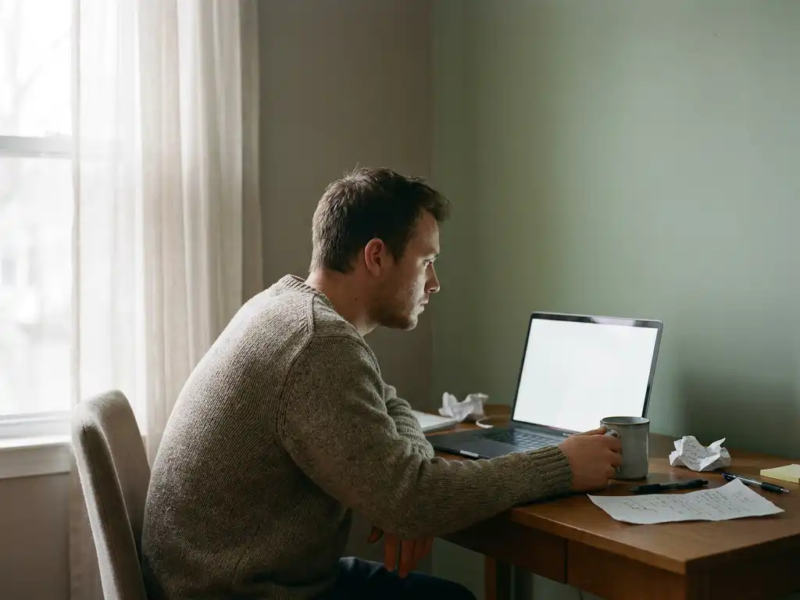 Freelancer starend naar laptop aan minimalistisch thuiskantoor bureau, afgekoelde koffie en verspreide notities, melancholisch ochtendlicht.