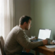 Freelancer starend naar laptop aan minimalistisch thuiskantoor bureau, afgekoelde koffie en verspreide notities, melancholisch ochtendlicht.