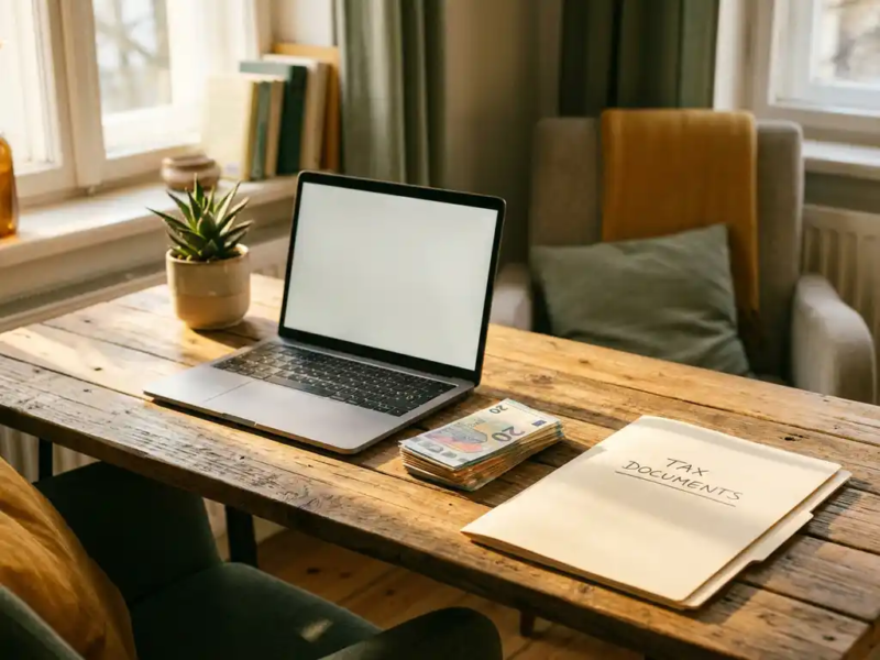 Freelancer thuiskantoor met laptop, stapel eurobiljetten en belastingmap op bureau, warm ochtendlicht, kleine plant op de achtergrond.
