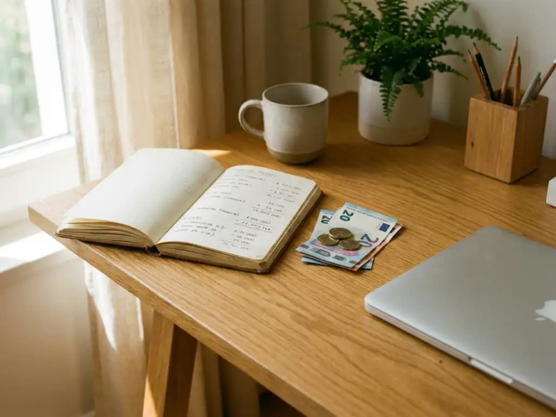 Freelancer bureau met opengeslagen notitieboek vol financiële berekeningen, eurobiljetten en laptop in warm natuurlijk daglicht.
