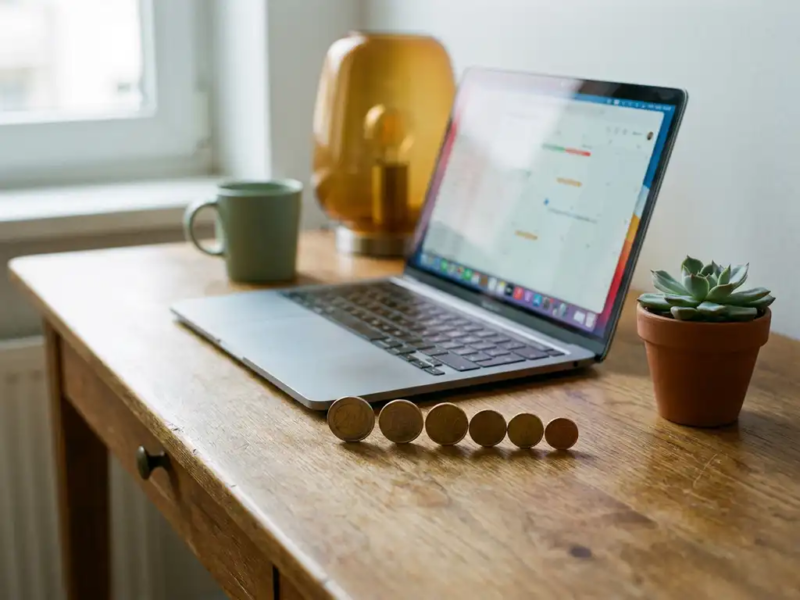 Freelancer thuiswerkplek met afnemende stapel euromunten, open laptop en vetplant in zacht natuurlijk licht.