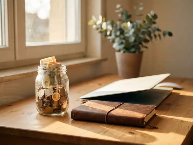 Glazen pot gevuld met euromunten en bankbiljetten op een freelancer's thuiswerkplek met laptop en leren notitieboekje.