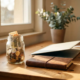 Glazen pot gevuld met euromunten en bankbiljetten op een freelancer's thuiswerkplek met laptop en leren notitieboekje.