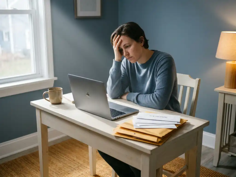 Freelancer leunt vermoeide hoofd op hand aan minimalistisch bureau met gesloten laptop, onbetaalde facturen en leeg koffiemokje.