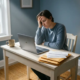 Freelancer leunt vermoeide hoofd op hand aan minimalistisch bureau met gesloten laptop, onbetaalde facturen en leeg koffiemokje.