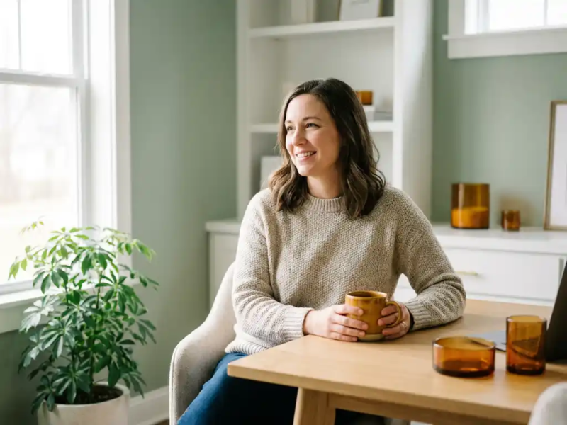 Zelfverzekerde freelancer aan minimalistisch bureau met koffiemok, natuurlijk daglicht en groene plant in modern thuiskantoor.