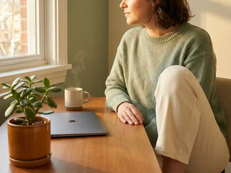 Freelancer aan een zonnig thuiskantoor bureau met dampende koffie, gesloten laptop en een weelderige plant in warm ochtendlicht.