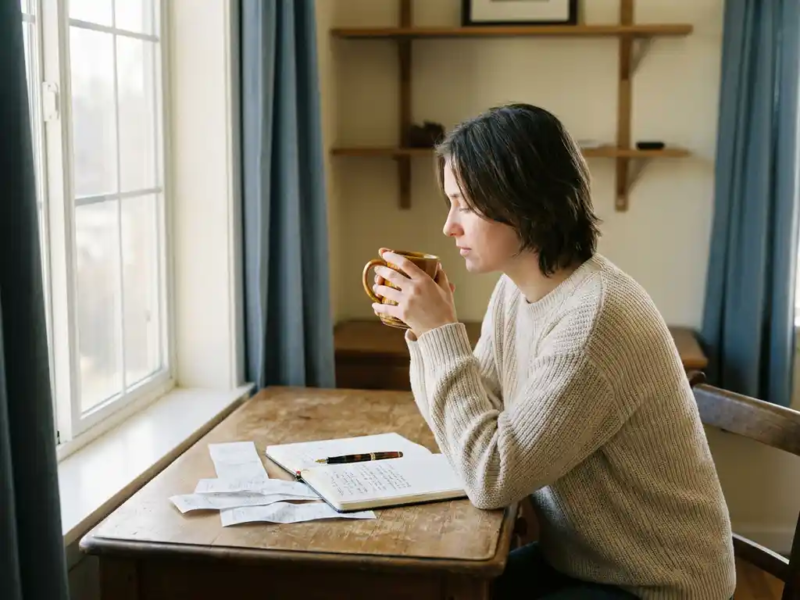 Freelancer aan minimalistisch houten bureau met koffiemok, open notitieboek en bonnetjes in warm ochtendlicht.