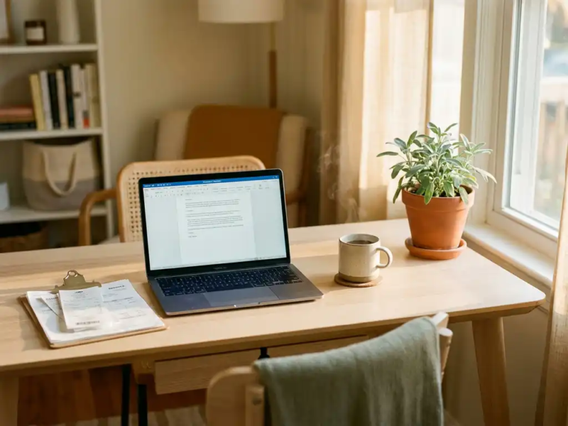 Freelancer thuiskantoor met laptop, bonnetjes, dampende koffie en kamerplant in warm ochtendlicht.
