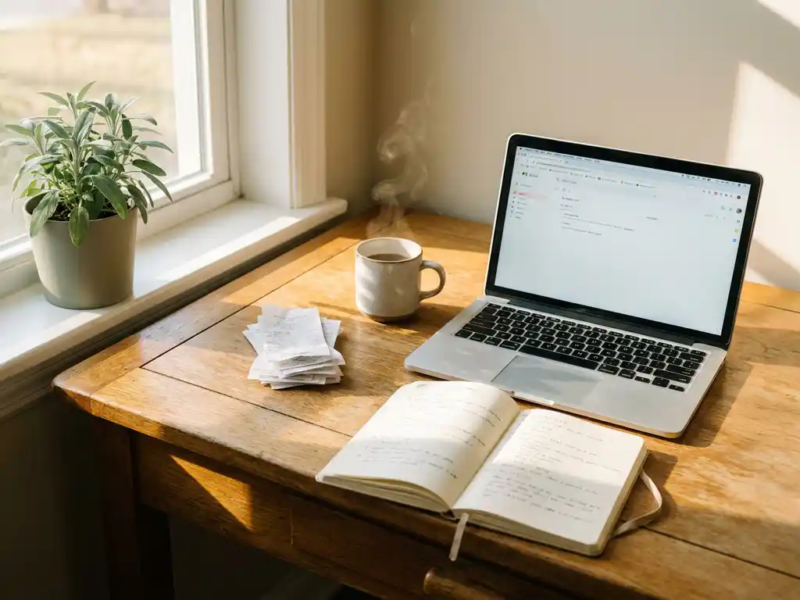 Freelancer thuiskantoor met laptop, dampende koffie, bonnetjes en open notitieboek op houten bureau in warm ochtendlicht.