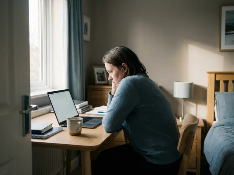 Freelancer staart naar laptop aan minimalistisch houten bureau met onaangeroerd kopje koffie in zacht ochtendlicht.