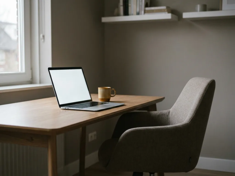 Verlaten thuiswerkplek met open laptop, leeg document en koffiekop in zacht Nederlands daglicht.