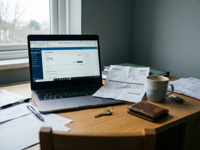 Rommelig thuiskantoor van een freelancer met leeg bankdashboard op laptop, onbetaalde factuur, huissleutel en versleten portemonnee.