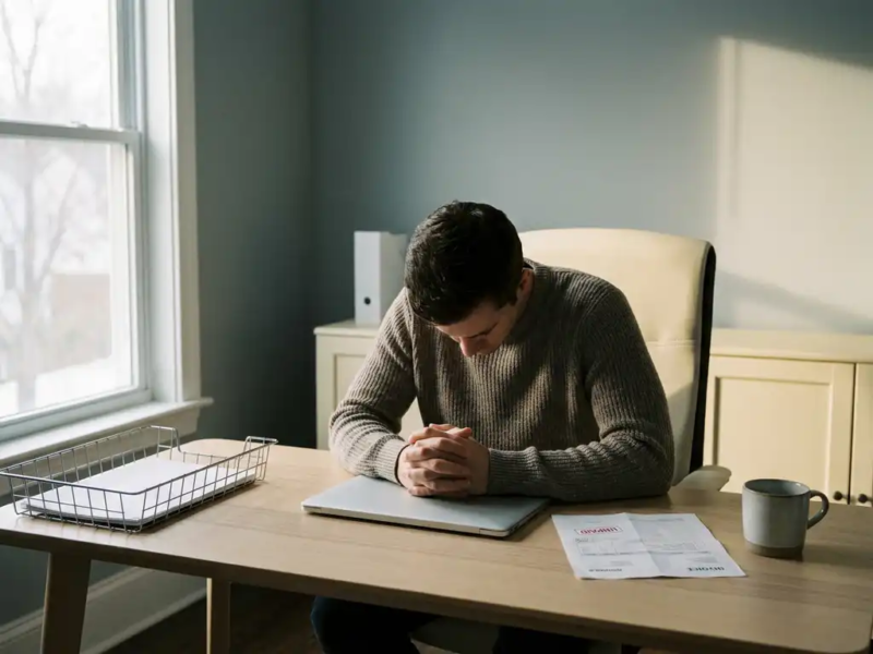 Zelfstandige freelancer aan minimalistisch bureau met gesloten laptop en onbetaalde factuur, financiële onzekerheid uitstralend.