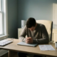 Zelfstandige freelancer aan minimalistisch bureau met gesloten laptop en onbetaalde factuur, financiële onzekerheid uitstralend.
