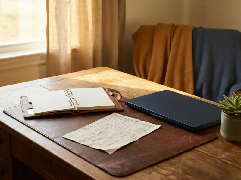 Freelancer bureau met open leren agenda, verfrommeld belastingdocument en gesloten laptop in warm amberkleurig licht.
