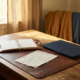 Freelancer bureau met open leren agenda, verfrommeld belastingdocument en gesloten laptop in warm amberkleurig licht.