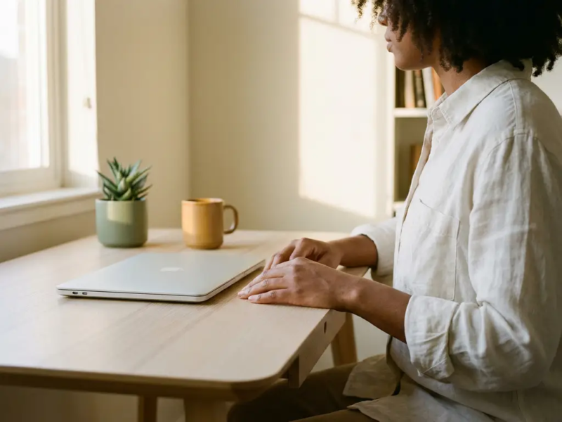 Freelancer aan minimalistisch thuiskantoor bureau met gesloten laptop, koffiemok en succulent in warm middaglicht.