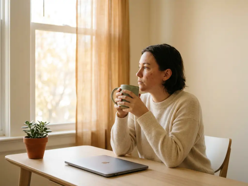 Freelancer aan minimalistisch thuiskantoor houdt keramische mok vast, blik gericht op zacht verlicht raam naast gesloten laptop en succulent.