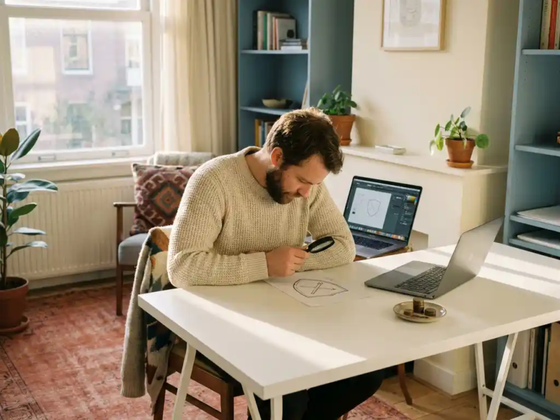 Freelancer aan wit bureau onderzoekt papieren schild naast laptop en muntenstapel in warm ingericht thuiskantoor.