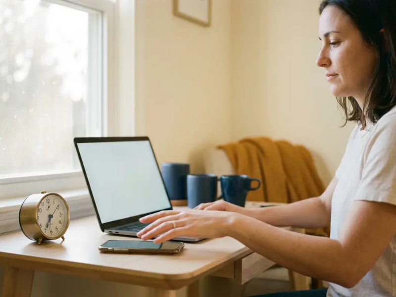 Freelancer aan minimalistisch thuiskantoor bereikt naar smartphone naast laptop, analoge klok benadrukt urgentie in warm ochtendlicht.