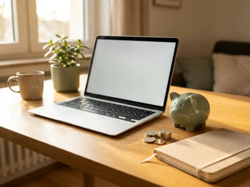 Freelancer thuiskantoor met laptop, spaarpot en euromunten op bureau, warm natuurlijk licht, rustige werkplek sfeer.