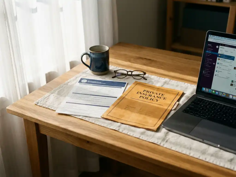 Freelancer thuiskantoor met overheidsdocument en privéverzekeringspolis naast elkaar op bureau, laptop op achtergrond, warm natuurlijk licht.