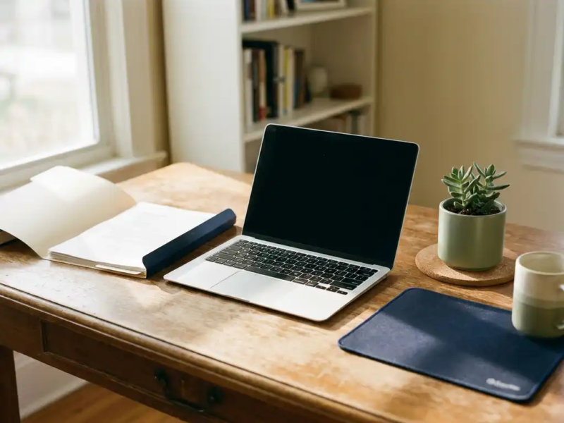 Freelancer bureau met open verzekeringsdocumenten, laptop en succulent in warm ochtendlicht op houten werkblad.