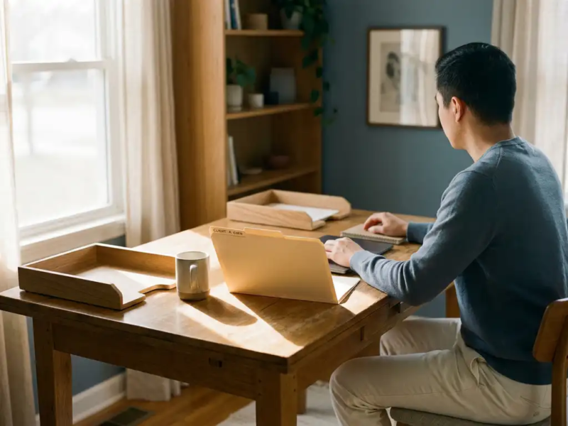Freelancer aan minimalistisch houten bureau met één open clientmap tussen twee lege mappen, zacht ochtendlicht.