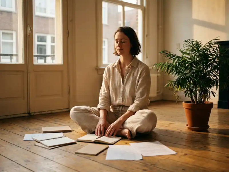Freelancer zit gekruisbeens op houten vloer in minimalistisch thuiskantoor, omringd door notitieboeken en kamerplant in warm middaglicht.