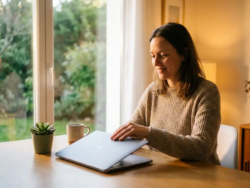 Freelancer sluit laptop aan zonnig thuisbureau met dampende koffie en kamerplant, warme middagzon door raam.