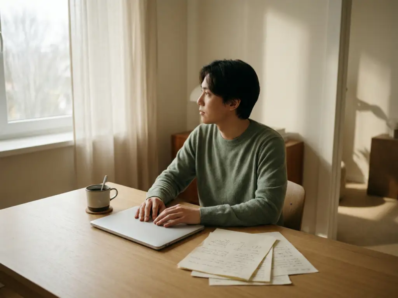 Freelancer staart peinzend uit raam aan minimalistische thuiswerkplek met gesloten laptop, koude koffie en onafgewerkte papieren.