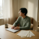 Freelancer staart peinzend uit raam aan minimalistische thuiswerkplek met gesloten laptop, koude koffie en onafgewerkte papieren.