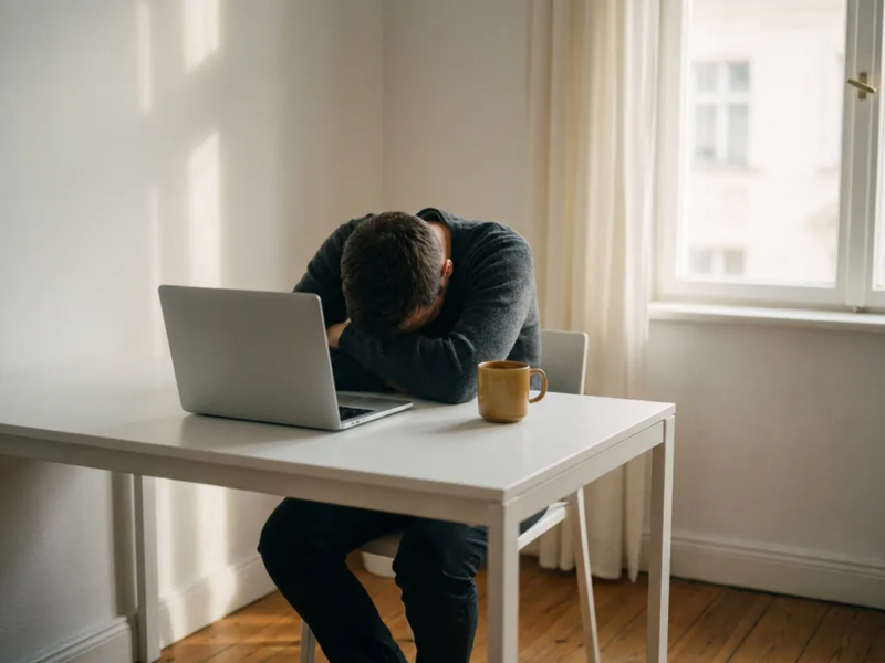 Uitgeputte freelancer met hoofd op gevouwen armen aan wit bureau, gesloten laptop en onaangeroerd kopje koffie, zacht natuurlijk licht.