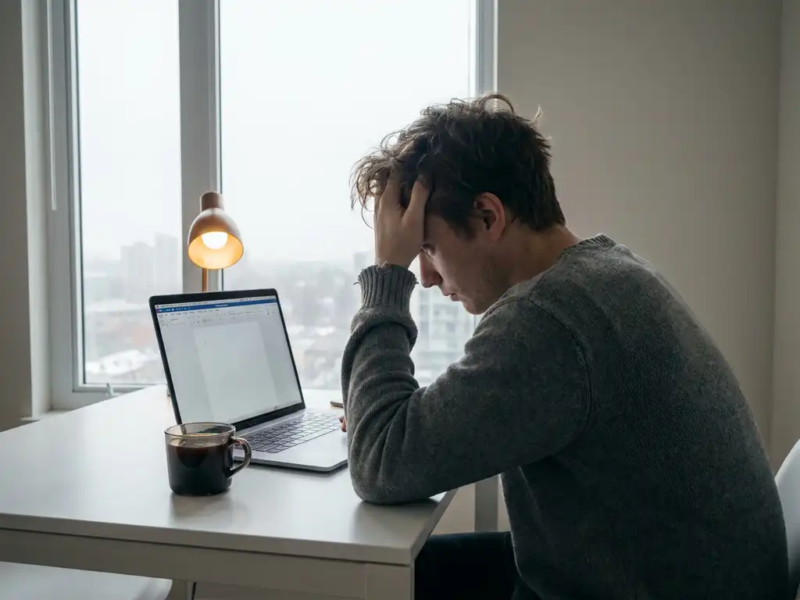 Freelancer leunt vermoeid op hand voor laptop met onaangeroerde koffie in grijs ochtendlicht.