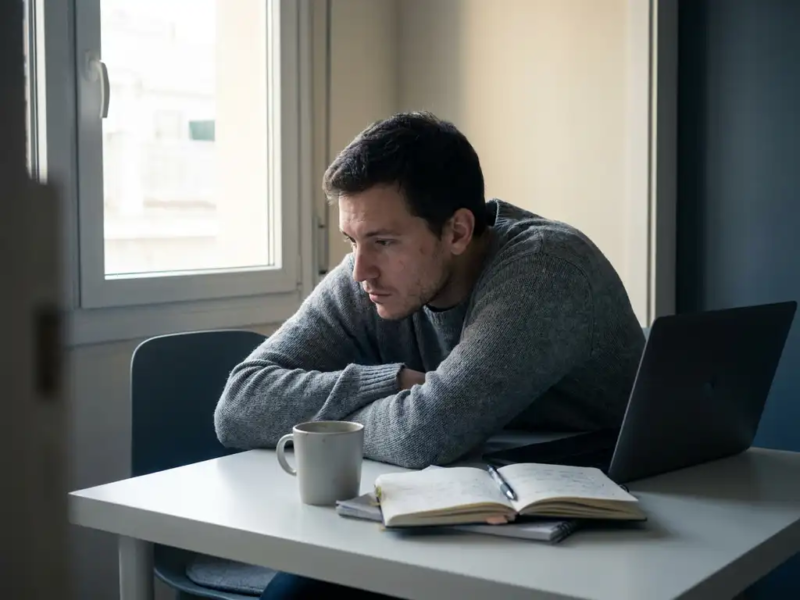 Freelancer met gespannen schouders starend naar laptop op wit bureau, omringd door notitieboeken en onaangeroerde koffie, grijs ochtendlicht.