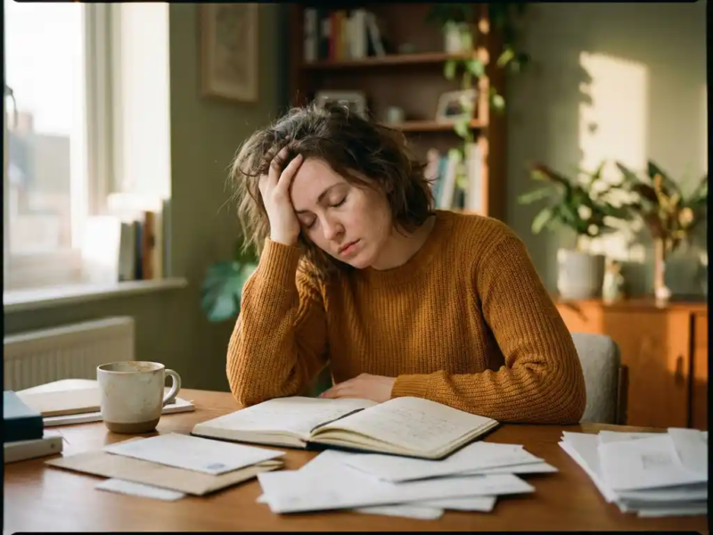 Uitgeputte freelancer leunt met hoofd in hand aan rommelig houten bureau, omringd door notitieboek en papieren in warm middaglicht.