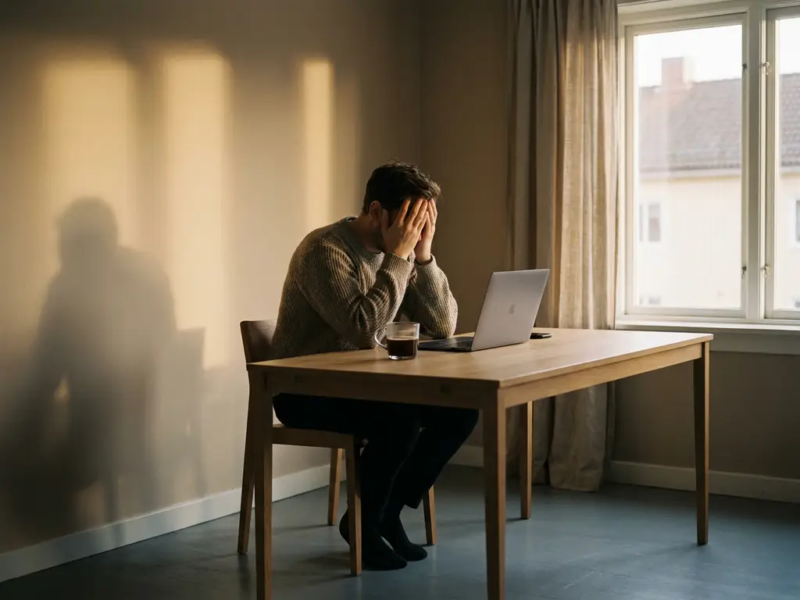 Freelancer met hoofd in handen aan minimalistisch thuiskantoor bureau, koud kopje koffie naast gedimde laptop, vermoeid en uitgeput.