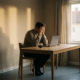 Freelancer met hoofd in handen aan minimalistisch thuiskantoor bureau, koud kopje koffie naast gedimde laptop, vermoeid en uitgeput.