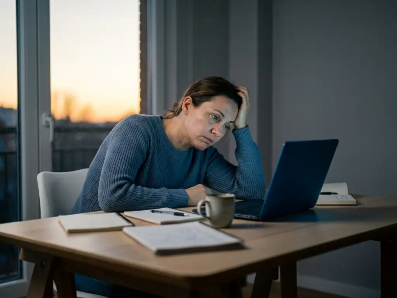 Uitgeputte freelancer aan minimalistisch thuiskantoor bureau, omringd door notitieboeken en onaangeroerd kopje koffie, laptoplicht in schemering.