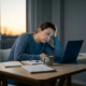 Uitgeputte freelancer aan minimalistisch thuiskantoor bureau, omringd door notitieboeken en onaangeroerd kopje koffie, laptoplicht in schemering.