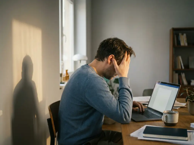 Vermoeide freelancer leunt op hand aan minimalistisch thuiskantoor bureau, stirrend naar laptop met onaangeroerd kopje koffie in ochtendlicht.
