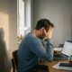 Vermoeide freelancer leunt op hand aan minimalistisch thuiskantoor bureau, stirrend naar laptop met onaangeroerd kopje koffie in ochtendlicht.