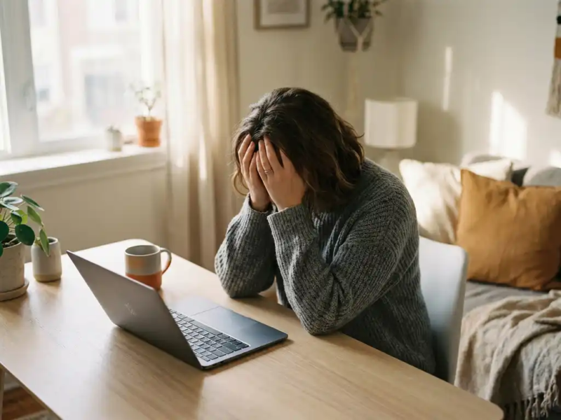 Freelancer aan minimalistisch thuiskantoor met hoofd in handen, uitgeput, gesloten laptop en koffie onaangeroerd, zacht natuurlijk licht.