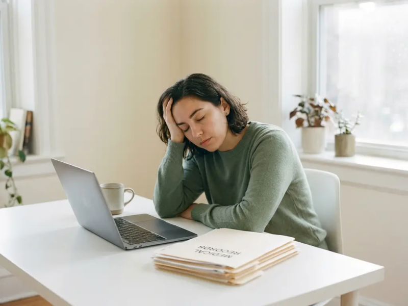 Vermoeide freelancer leunt op hand aan wit bureau met halfopen laptop, medische documenten en koffiekop in zacht daglicht.