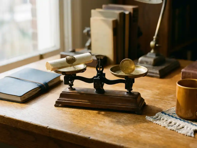 Vintage weegschaal op eiken bureau met beleidsdocument en gouden munt, symbool voor betrouwbaarheid als freelancer, warm natuurlijk licht.