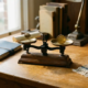 Vintage weegschaal op eiken bureau met beleidsdocument en gouden munt, symbool voor betrouwbaarheid als freelancer, warm natuurlijk licht.