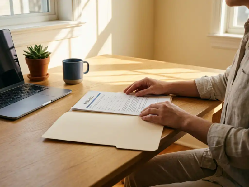 Freelancer bekijkt verzekeringsdocumenten aan modern bureau met laptop en kamerplant in warm middaglicht.