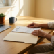Freelancer bekijkt verzekeringsdocumenten aan modern bureau met laptop en kamerplant in warm middaglicht.